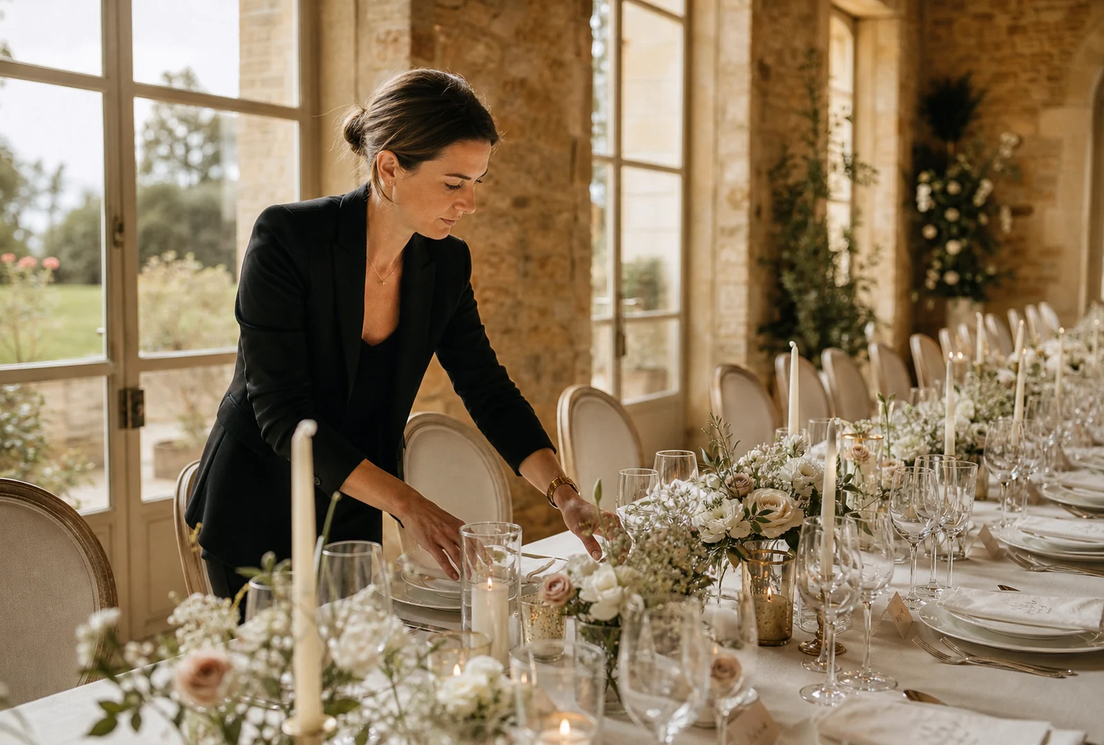 Wedding planner préparant une table de réception